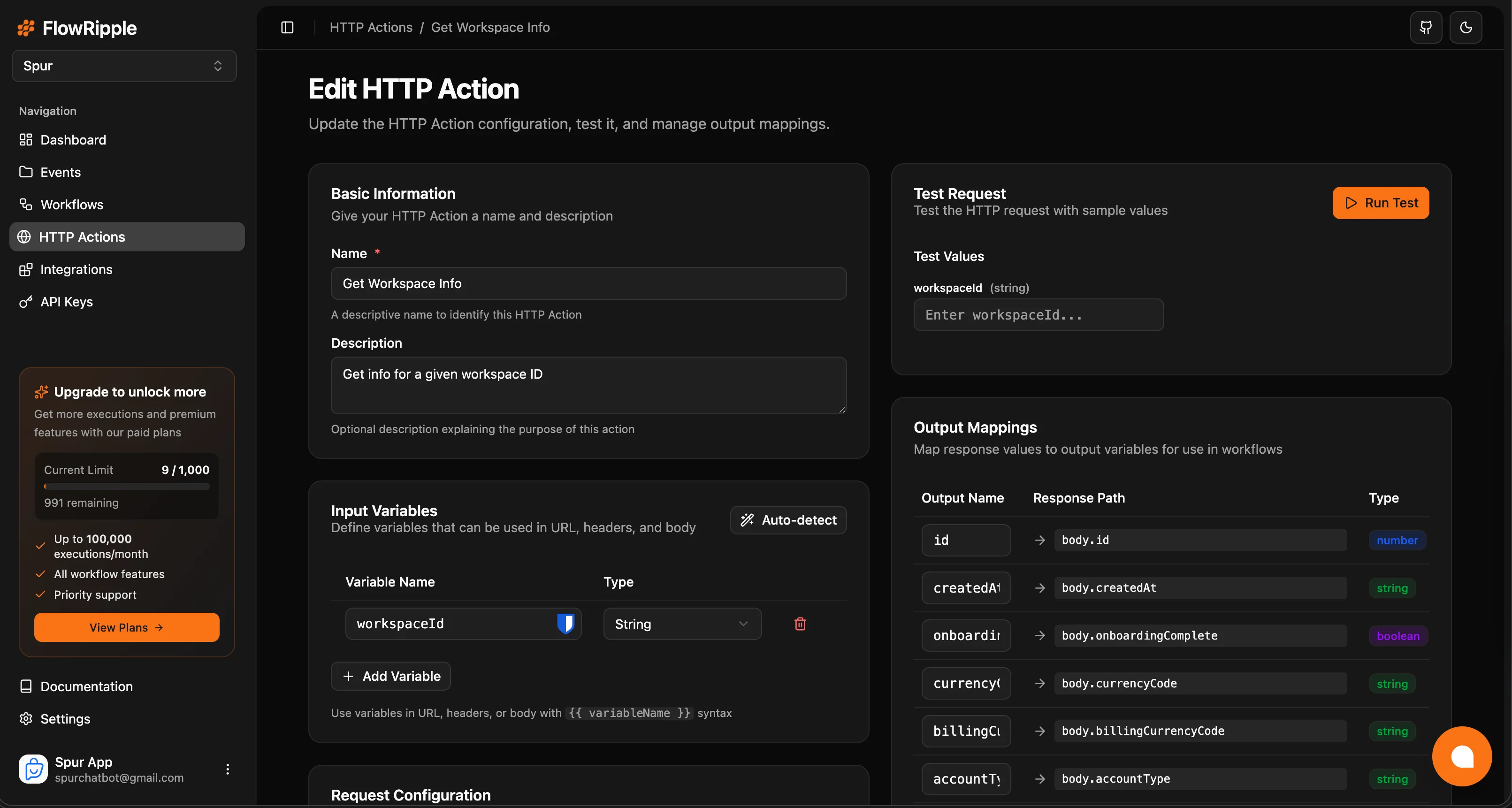 HTTP Action edit form showing request configuration on the left and test panel with output mappings on the right